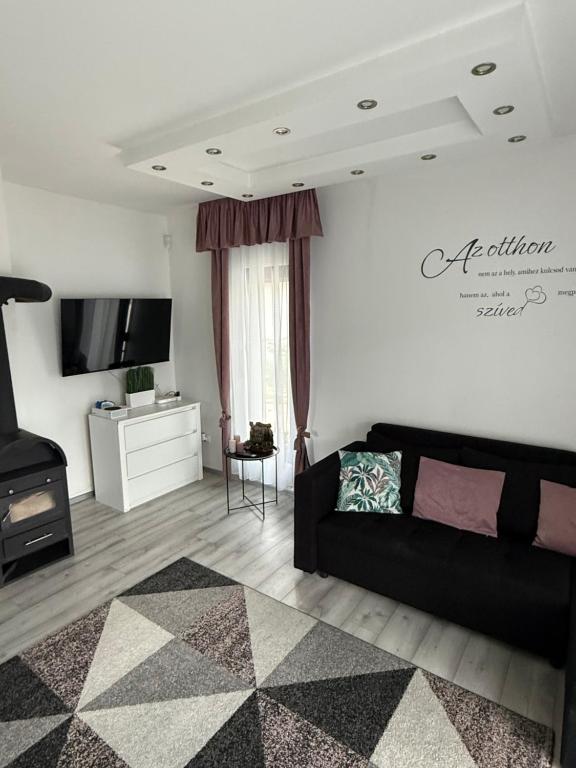 a living room with a black couch and a television at Sunset Villa Balatonfenyves in Balatonfenyves
