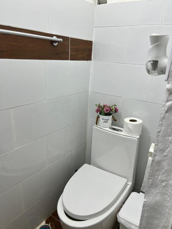 a white bathroom with a toilet with flowers on it at Hotel restaurant bon Appetit in Santa Cruz de Barahona