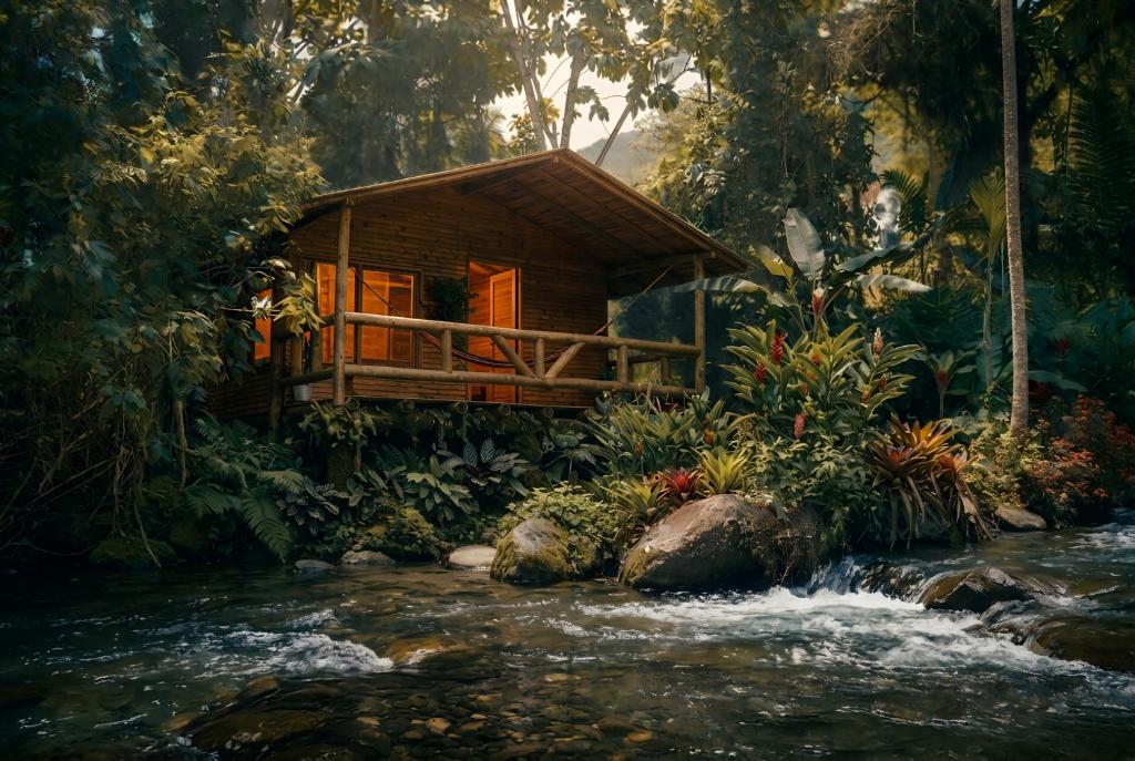a painting of a house next to a stream at River Song's Hotel in Mindo