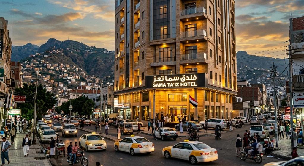 a busy city street with cars and people and buildings at سما تعز in Şīnah