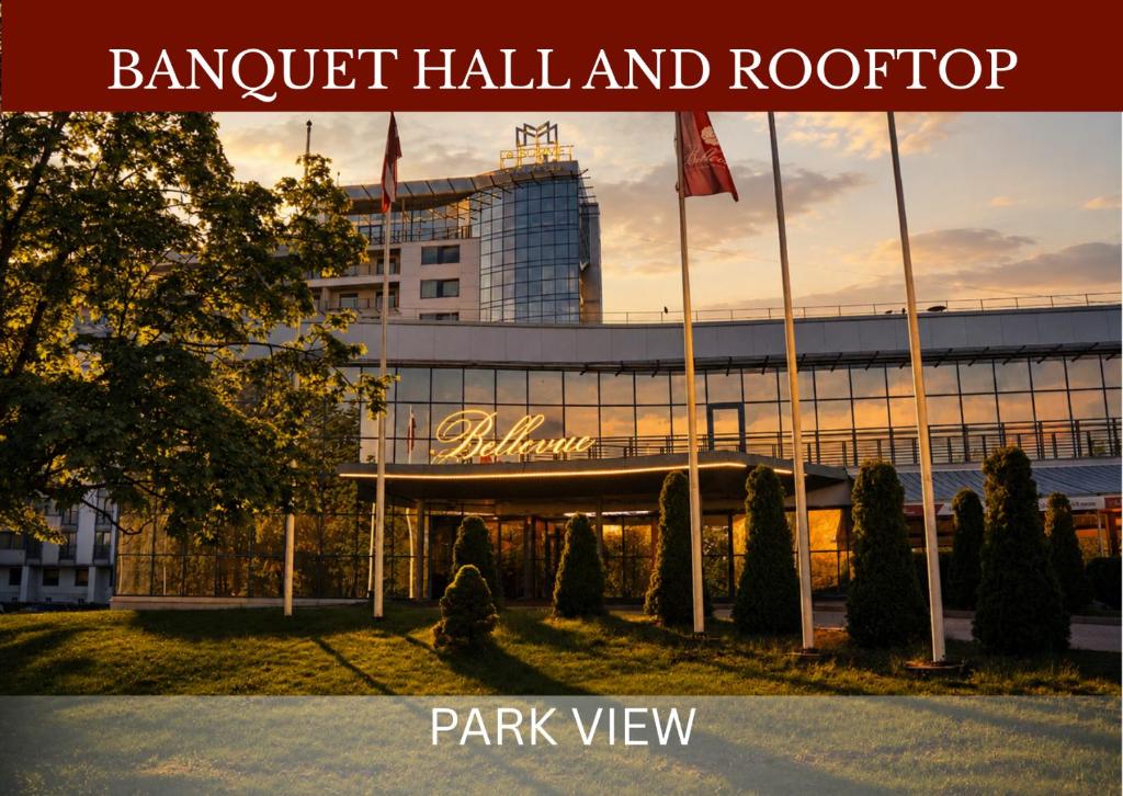 a building with the words banquet hall and roof at Bellevue Park Hotel Riga with FREE Parking in Riga