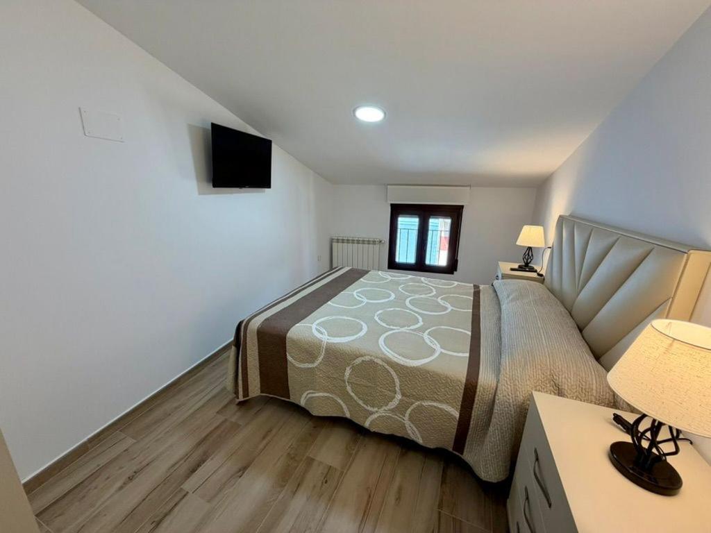 a bedroom with a bed and a television in it at Apartamentos TORRE DE LARA in Molina de Aragón