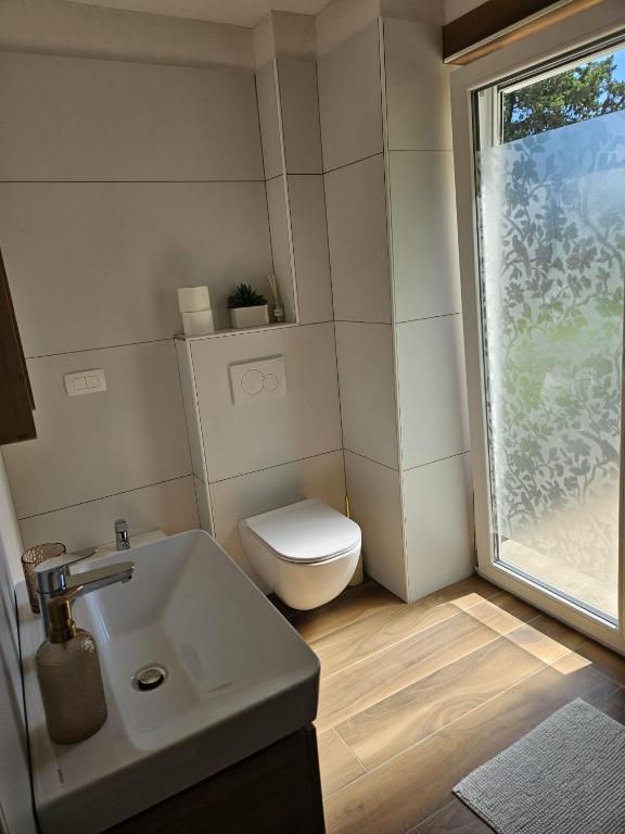 a bathroom with a toilet and a sink and a window at Sonček 2 in Izola