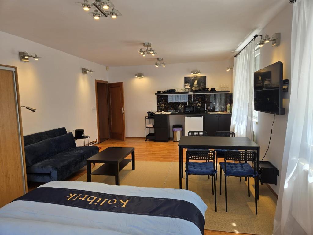 a living room with a bed and a table and a couch at Apartmán Horský park in Bratislava