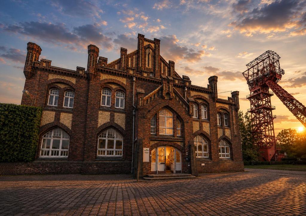 a large brick building with a crane in front of it at Industrial Design Studios - Lohnhalle Essen in Essen
