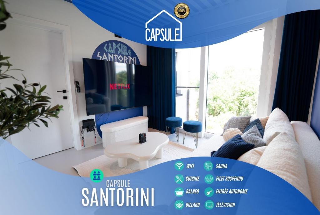 a living room with a couch and a table at Capsule Santorini - balneo - Sauna - Switch 2 in Limelette