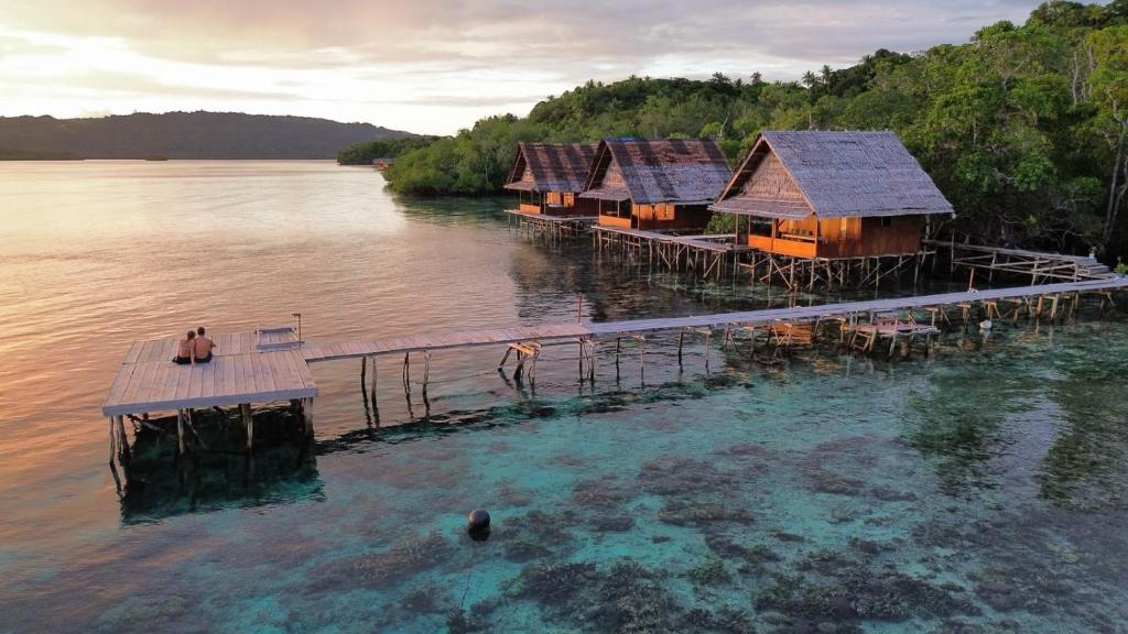 an aerial view of a resort in the water at Raja Ampat Holidays in Besir