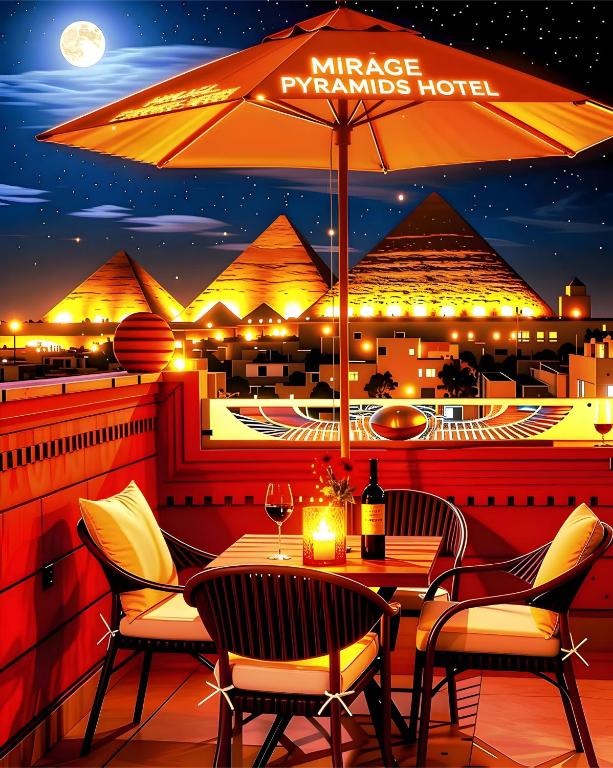 a restaurant with a table and chairs and an umbrella at MiRAGE PYRAMiDS HOTEL in Cairo