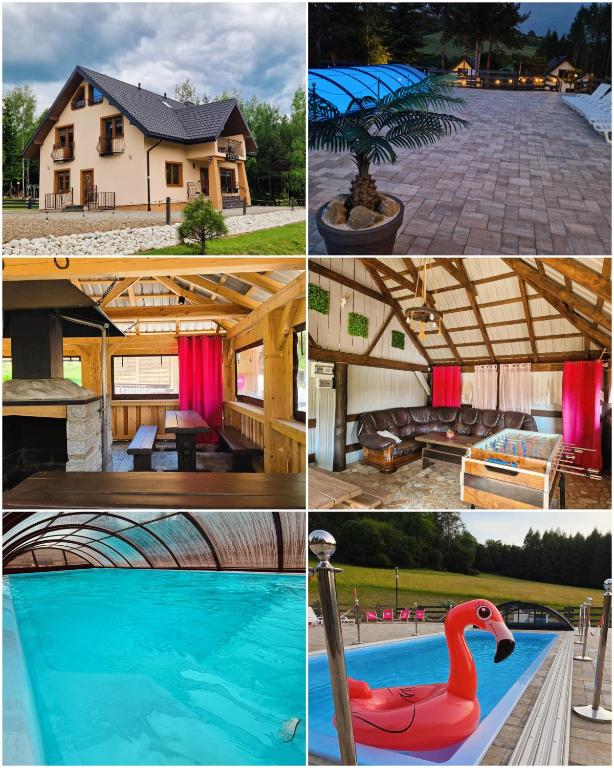 a collage of photos of a pool and a house at Osada Modrzewiowe Wzgórze Bieszczady in Ustrzyki Dolne