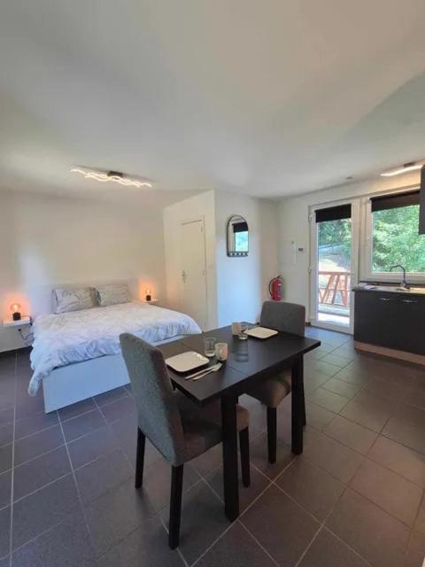 a bedroom with a bed and a table and chairs at Studio Le Vedeur in Durbuy