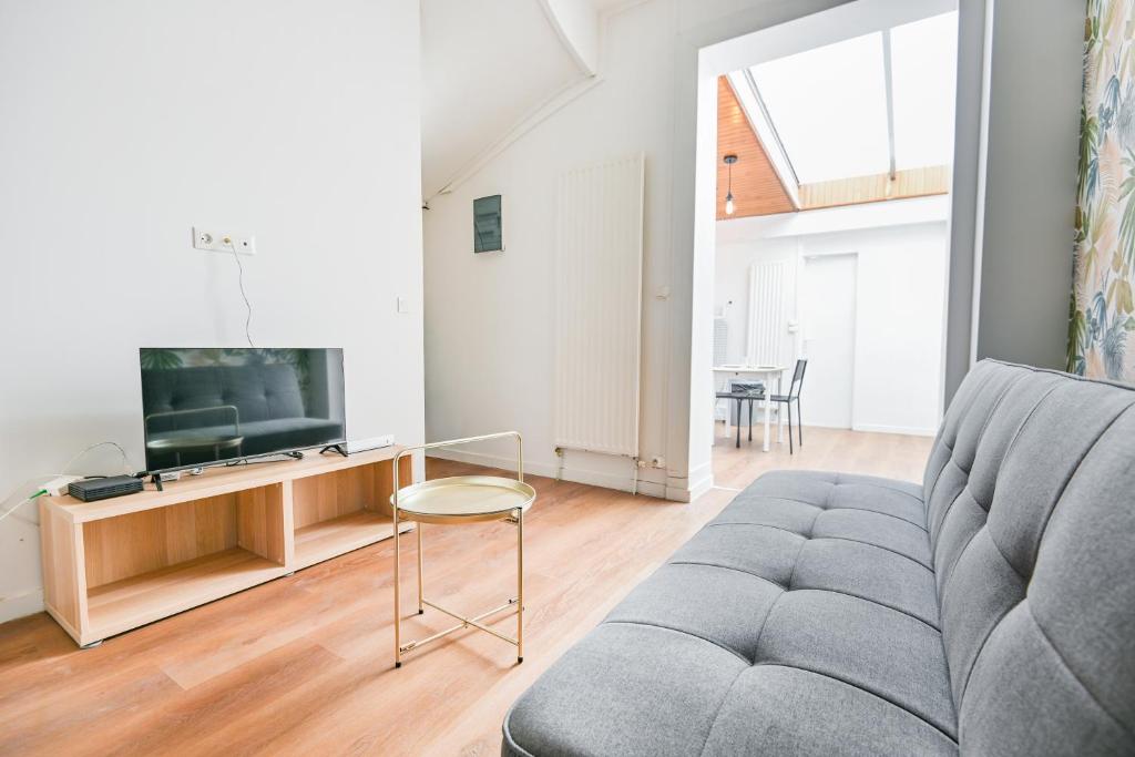 a living room with a couch and a tv at T2 Cosy - Amiens Centre - Wifi in Amiens