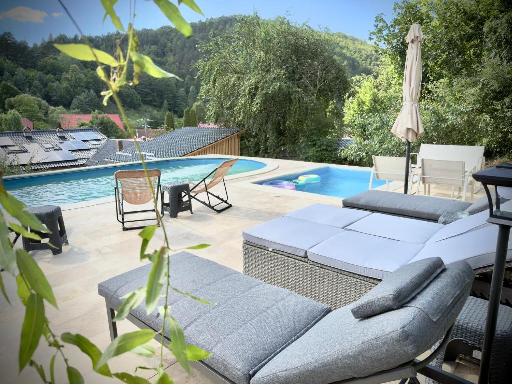 a patio with a couch and a swimming pool at Vila Montana Valiug in Văliug