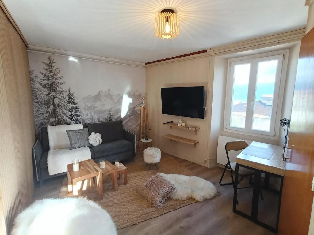 a living room with a couch and a tv at Cozy high-altitude apartment in Font-Romeu-Odeillo-Via