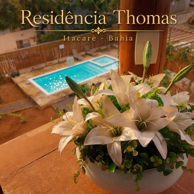 a potted plant sitting on a table next to a pool at Residência Thomas in Itacaré