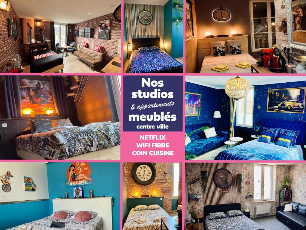a collage of pictures of a room with blue walls at Nos studios au centre ville à Dole in Dole