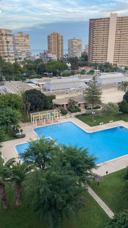 an overhead view of a large pool in a city at Apartamento entero en la playa san juan in Alicante