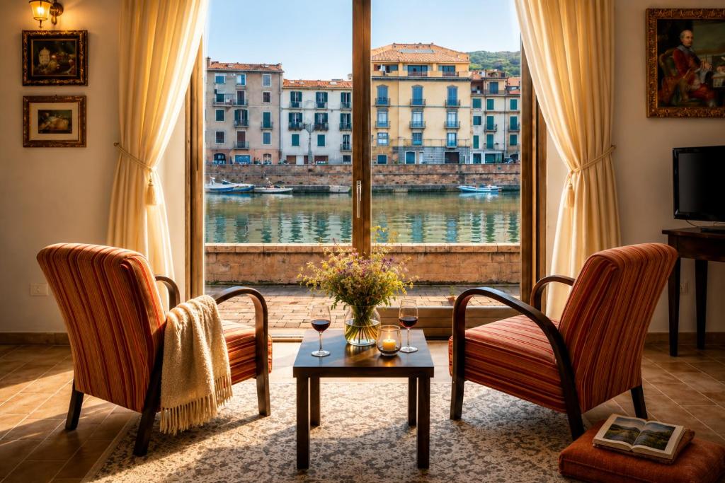 a room with two chairs and a table and a large window at Bosa Exclusive Apartments "Bosa Apartments" in Bosa