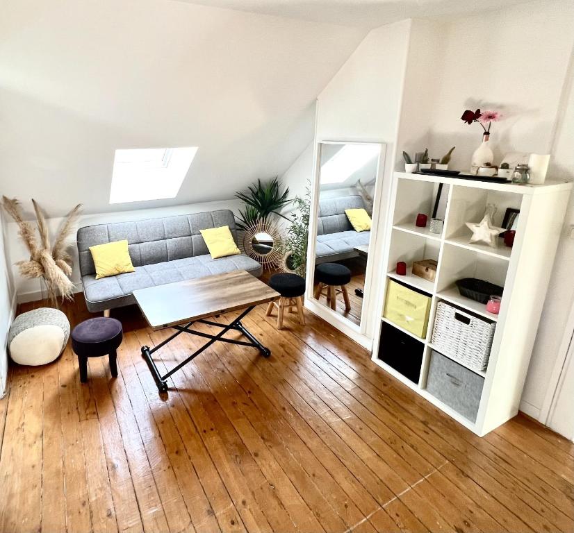 a living room with a couch and a mirror at Le petit nid rouennais in Rouen