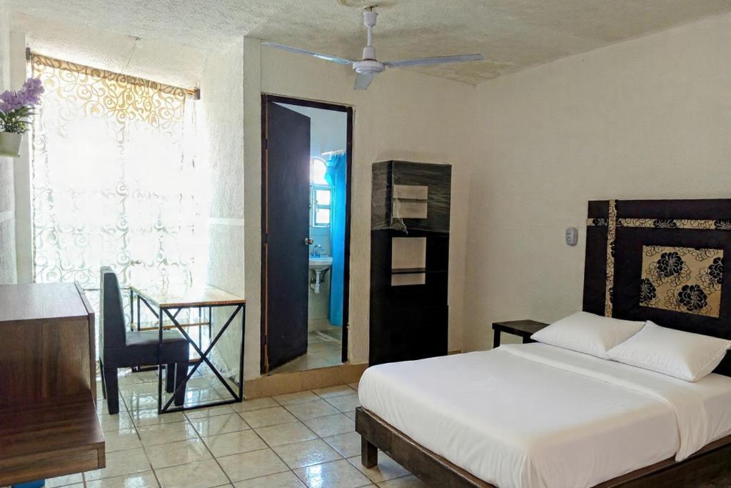 a bedroom with a bed and a desk and a mirror at Amueblados Casa Conchita in León
