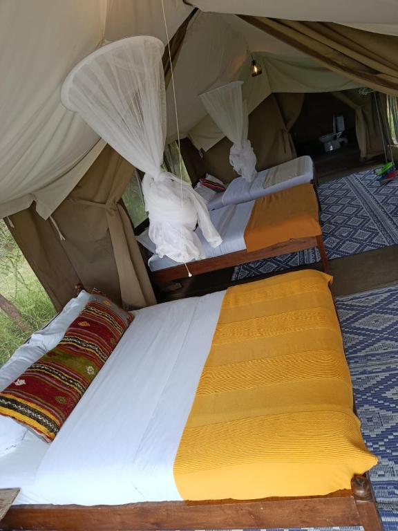 a group of three beds in a tent at Royal Horizon Adventure in Sekenani