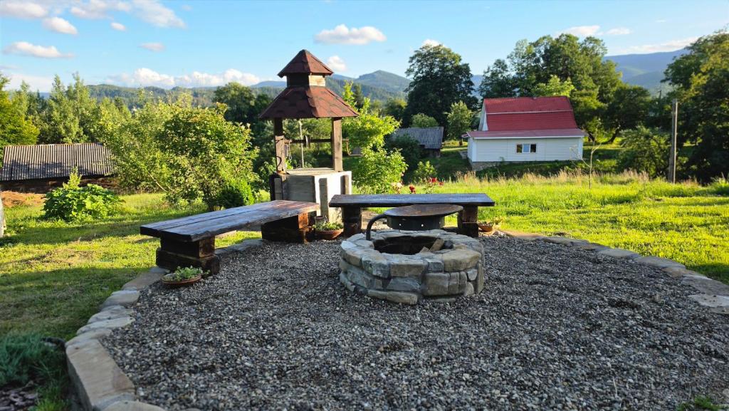 a backyard with a picnic table and a fire pit at Ya VDOMA in Kozmacz