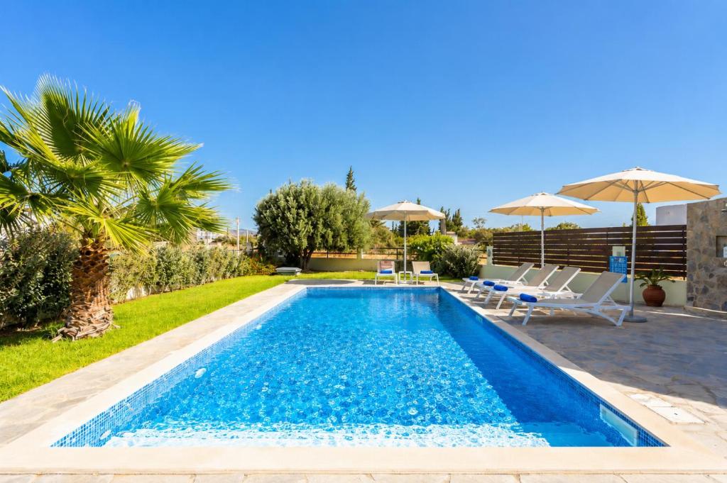 a pool with chairs and umbrellas in a backyard at Amphitrite Villa in Gennadi