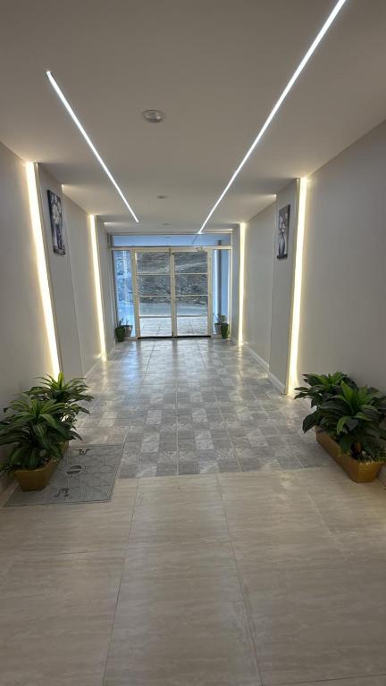 an empty hallway with potted plants in a building at الشروق in Al Baha