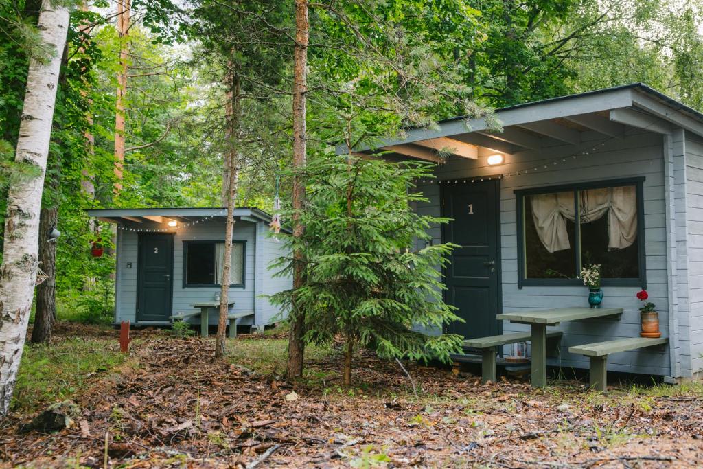 a blue cabin with a picnic table in the woods at Värska kämping in Värska