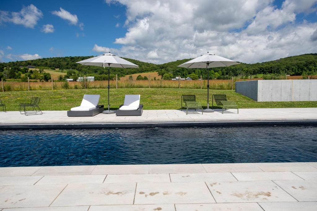 two chairs and umbrellas next to a swimming pool at Valley View - Renovated Cottage New Addon and Pool in Copake