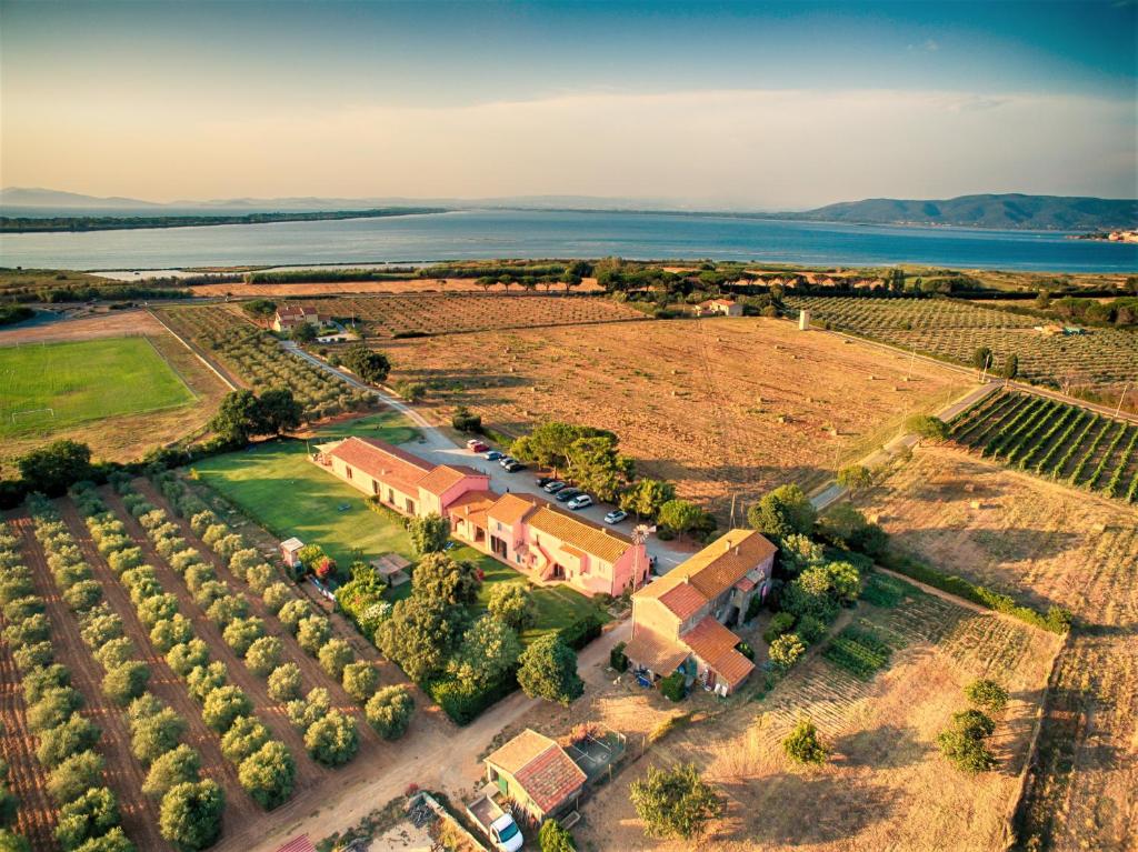 z góry widok na farmę z drzewami i wodą w obiekcie Agriturismo Ristorante Monte Argentario w mieście Monte Argentario