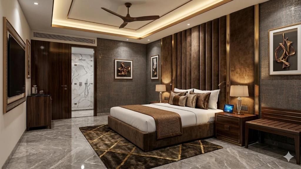 a bedroom with a large bed and a ceiling at Hotel The Caves Near IGI Airport Delhi in New Delhi