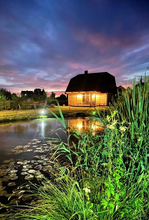 a house with a pond in front of a building at Życie- Roztocze Domek ze stawem i rzeką in Zamość