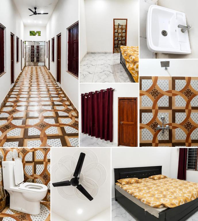 a collage of photos of a hotel room at Hotel Panchmukhi Ashram Ayodhya Dham in Ayodhya