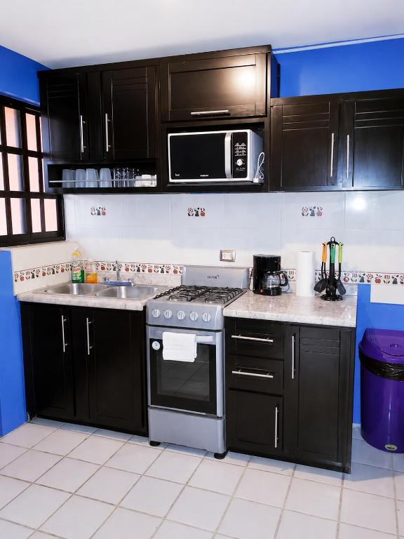 a kitchen with black cabinets and stainless steel appliances at Villa Bonita Torre 16 in Cozumel