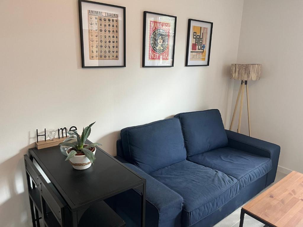 a blue couch in a living room with a table at Le studio signature in Vedène