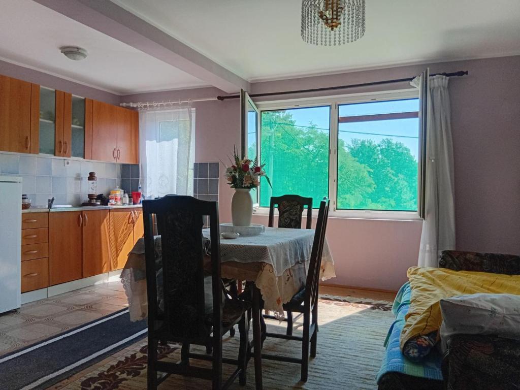 a kitchen and dining room with a table and a window at Ljiljana apartmani Banja Vrujci in Rakari