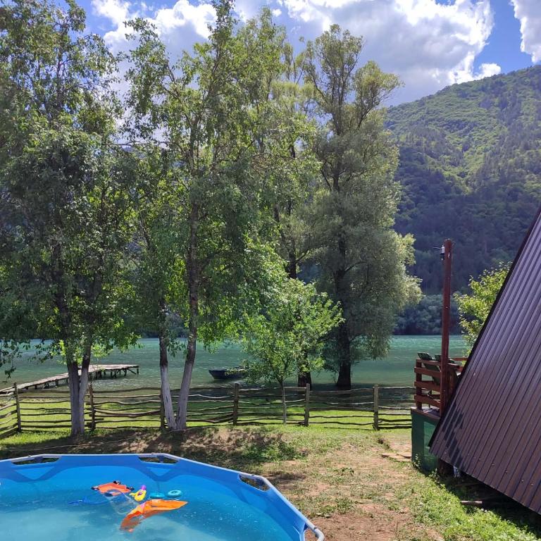 a swimming pool next to a house with trees and a lake at Vikendica Hećo in Višegrad