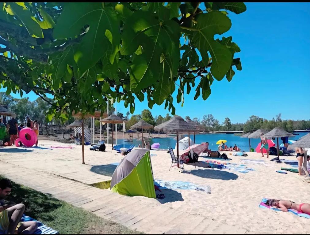 people on a beach with umbrellas and the water at Casa da Corte in Minas de São Domingos