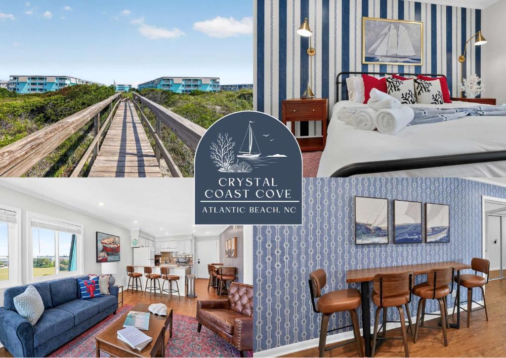a collage of two pictures of a hotel room at Beach Getaway w Pool & Private Balcony in Atlantic Beach