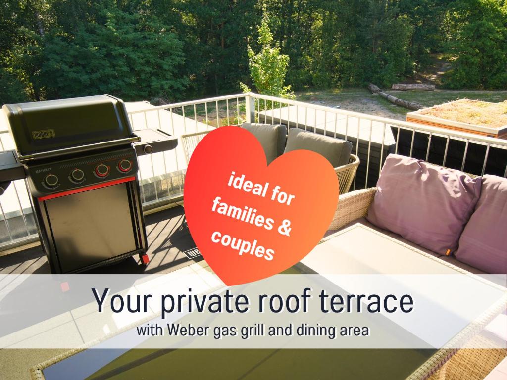 a sign on a balcony with a grill and a heart at Baham-Apartment Nuernberg - including hot tub, sauna, massage chair, roof terrace, barbecue - metro 15 min, exhibition center 8 min walk in Nuremberg