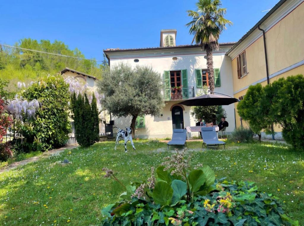 a house with two chairs and an umbrella in the yard at Mulimù - Guesthouse in Montecalvo Versiggia