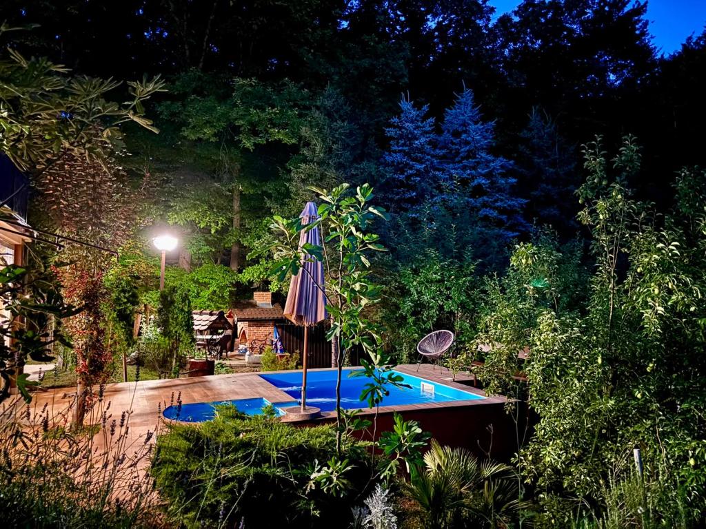 a patio with an umbrella and a swimming pool at night at Forest Oasis Slatina in Slatina Varoš
