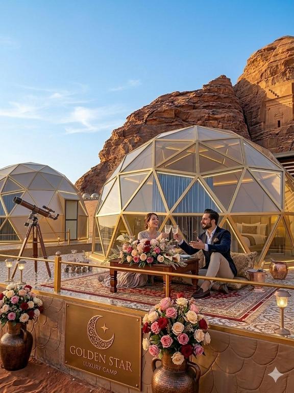 a man and woman sitting on a table in front of domes at Golden Stars Luxury Camp Wadi Rum in Wadi Rum