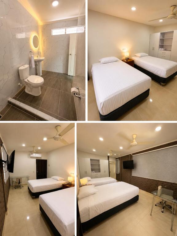 three pictures of a bedroom with two beds and a bathroom at Hotel Luna Del Rio in Puerto Salgar