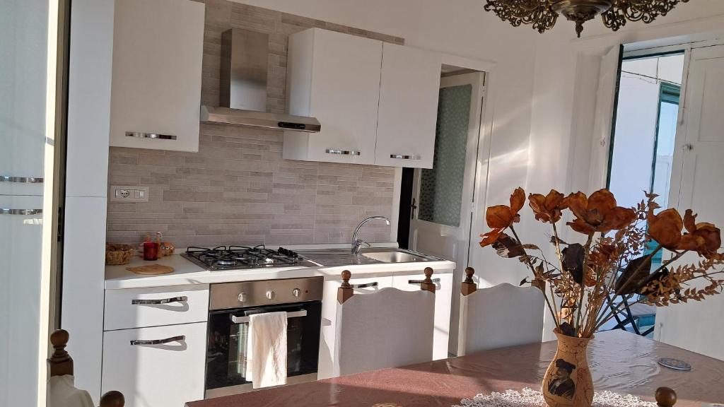 a kitchen with a stove and a sink and a table at Affitti Brevi da Rita in Monte di Procida