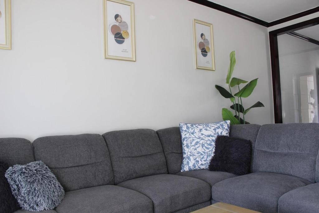 a living room with a gray couch with pillows at First Gen Cedar Acres Fourways in Trevallyn