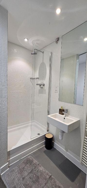 a bathroom with a shower and a sink and a tub at Shivay harmony in Birmingham