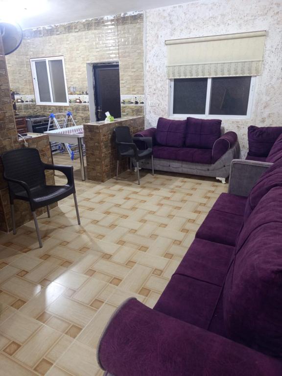a living room with purple couches and chairs at بيت مفروش للايجار-عجلون-اشتفينا in Ajloun