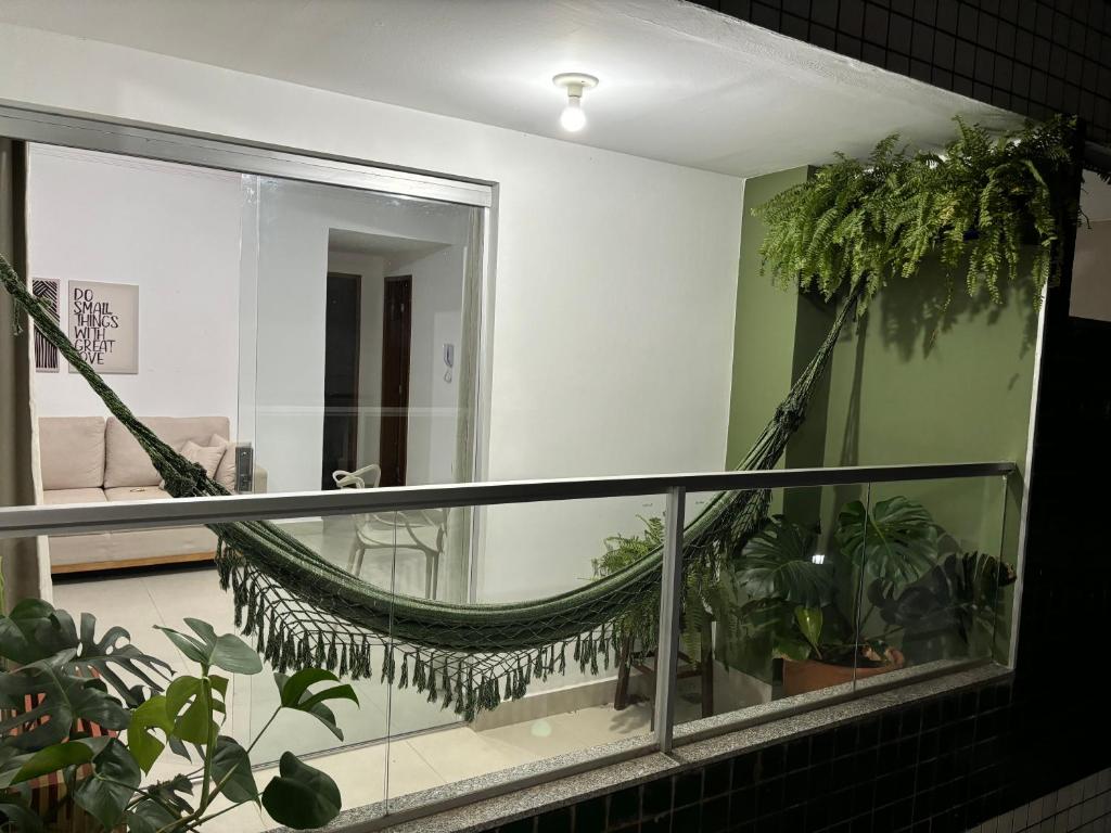 a room with a balcony with plants and a mirror at Apartamento no Centro in Muriaé