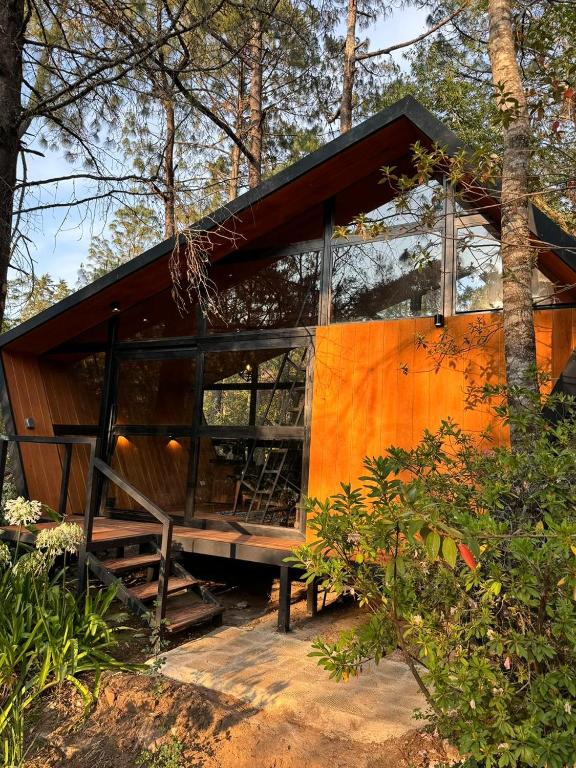 a cabin in the woods with a glass wall at Amanece en la naturaleza in Mazamitla